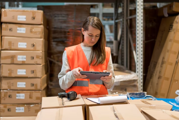 A warehouse worker rented through NordStaff performs an inventory of goods in the warehouse, using a tablet to record and process the data