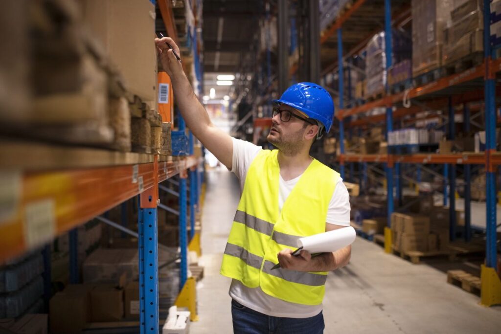 A warehouse worker, leased through NordStaff, inspects goods in the warehouse, ensuring accurate accounting and storage organisation